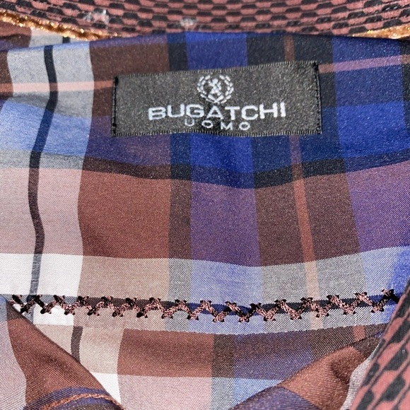 Bugatchi Uomo Shaped Fit‎ Brown Blue Plaid Collared Untucked Men XL Office Work - Picture 5 of 6